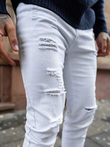 Artur Kramer 男式紧身弹力破洞机车牛仔裤 - 白色 - 查看 3