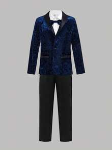 SHEIN Bộ vest 3 món Tween Boy màu xanh navy, quần đen cạp chun, áo sơ mi trắng, nơ, thích hợp cho tiệc sinh nhật, tiệc Giáng sinh, dịp trang trọng, biểu diễn, đám cưới, tiệc mừng em bé, lễ rửa tội, lễ kỷ niệm - Màu xanh lam - Xem 2