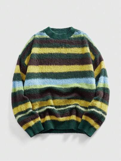Street Life Pull col rond à manches longues rayé coloré décontracté pour hommes, automne/hiver