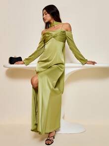 Lyxana Elegant Women's Olive Green Autumn Tropical Cocktail Wedding Party Dress,Off-Shoulder Twist Tie Strap,Acetate Satin Front Slit Long Mermaid Gown - Green - View 5