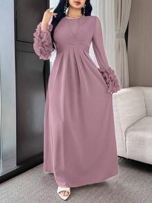 Feyla Women's Elegant Ruffle Waist Arabic Style Dress, Autumn - Dusty Pink - View 5