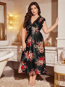 SHEIN MuseNap CURVE Elegant Lace Retro Big Floral Design Plus Size Faux Silk Dress Luxe Loungewear - Multicolor - View 5