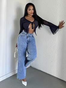 Alexandranx Casual Crossover Waistband Pocket Solid Color Denim Pants - Light Wash - View 6