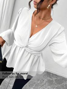 Firerie Plus Size Green Casual Simple Twist Front A-Line Long Sleeve Shirt, Spring Fall - White - View 2