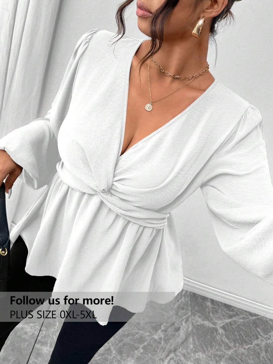 Firerie Plus Size Green Casual Simple Twist Front A-Line Long Sleeve Shirt, Spring Fall