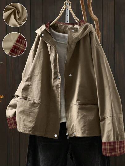 EMERY ROSE Plus Size Solid Color Pocket Zipper Casual Versatile Long Sleeve Jacket