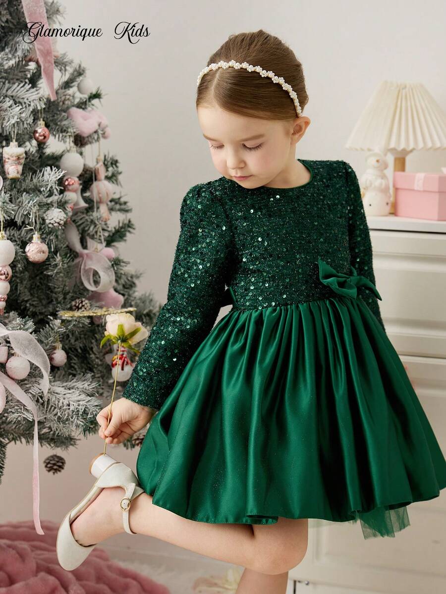 Glamorique Kids Quần áo Giáng sinh cho bé gái Tay dài màu xanh ngọc lục bảo, eo đính sequin, váy công chúa bồng bềnh bằng vải tuyn satin, dự tiệc/ngày lễ - Màu xanh lá cây đậm - Xem 1