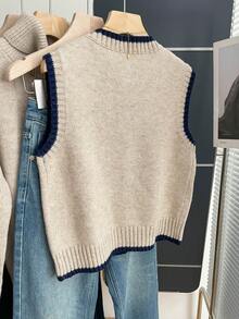 Franclia French Retro Loose Round Neck Sleeveless Contrast Trim Khaki Women Sweater Vest, Suitable For Autumn/Winter Women Outfits