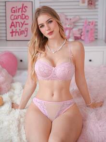 PetitDoll Bộ đồ lót gợi cảm ngọt ngào 2 món cho nữ, áo ngực có gọng và quần lót lọt khe - Hồng - Xem 3