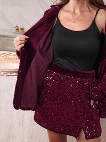 Lyxana Bộ vest blazer dài tay thanh lịch, đính sequin màu sắc đơn giản dành cho nữ kèm chân váy ngắn màu trơn, trang phục 2 món - Màu Đỏ Sâu - Xem 8