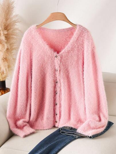 CosyJoli Plusstorlek Dam Casual Enfärgad Fuzzy Stickad Kofta Med Knappar Framtill, Höst/Vinter