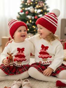 SHEIN Áo len dài tay cổ tròn màu trắng kem Happikins dành cho bé gái, họa tiết cây thông Noel dễ thương với nơ, kiểu dáng tối giản, ấm áp, mềm mại, rộng rãi, thích hợp cho Giáng sinh, Năm mới, mặc hàng ngày, các dịp lễ hội, không khí Giáng sinh, quà tặng Giáng sinh, mùa thu và mùa đông, mang lại sự thoải mái dễ chịu, có thể mặc nhiều lớp vào mùa thu và mùa đông, rất thời trang. - trắng - Xem 5