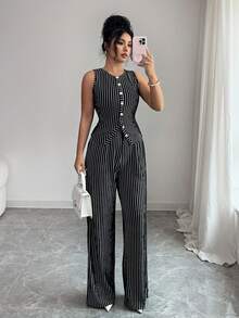 Selianne Bộ đồ 2 món thời trang Elenzga dành cho nữ, gồm áo ba lỗ cổ tròn cài nút không tay và quần ống đứng ống rộng cạp cao, phong cách thanh lịch khi đi làm - màu đen - Xem 3