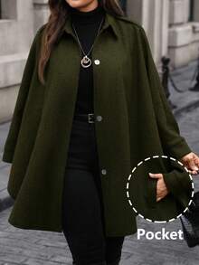 EMERY ROSE Plus Size Elegant Solid Color Cape Coat, Autumn/Winter - Army Green - View 3