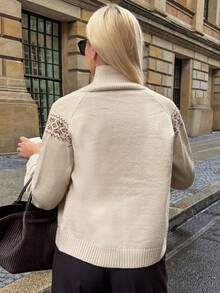 Vivie Lora Cárdigan de punto casual de mujer con cuello y estampado geométrico - Beis - Ver 5