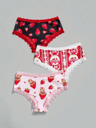 Kawaii 3pcs/Set Strawberry & Cartoon Print Lace Patchwork Fashion Briefs