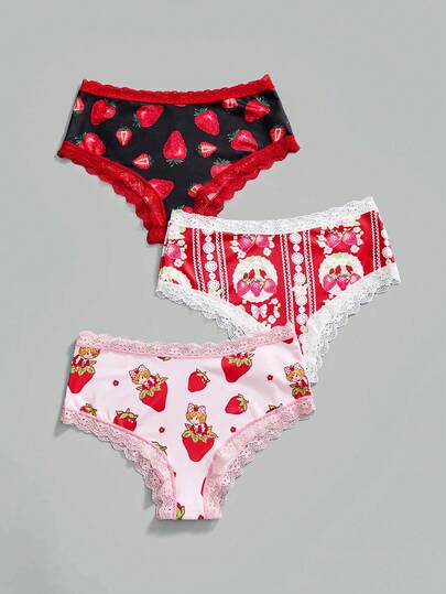 Kawaii 3 pièces/set Culottes mode à patchwork en dentelle avec imprimé fraise et motif dessin animé