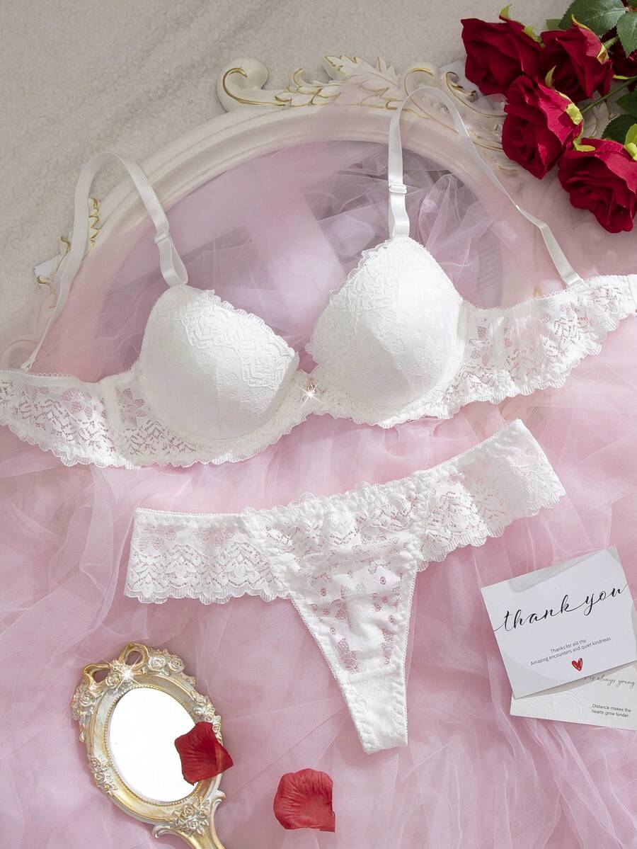 Crystal Vow 2pcs Lace Padded Underwire Bra Set For Women - White - View 1