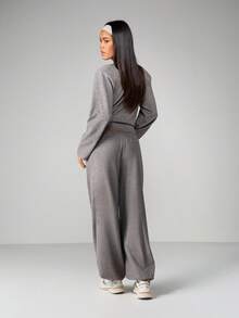 MISSGUIDED Marl Grey Long Sleeve Knot Detail Top And Wide Leg Balloon Pant Coordinating Set For Women Casual Loungewear - Grey - View 2