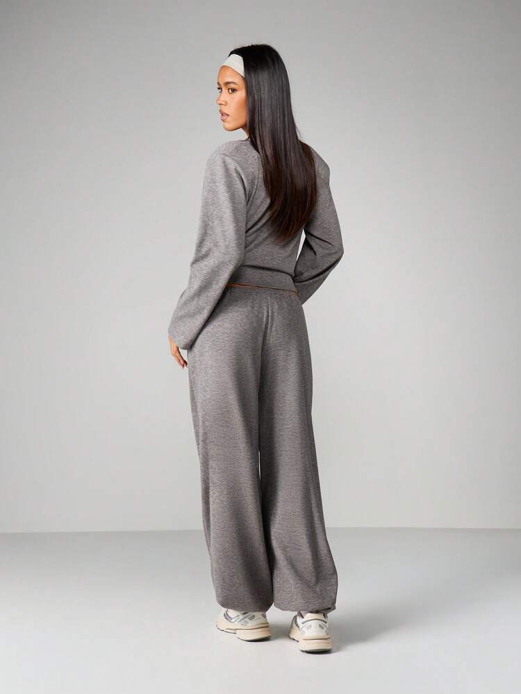 MISSGUIDED Marl Grey Long Sleeve Knot Detail Top And Wide Leg Balloon Pant Coordinating Set For Women Casual Loungewear