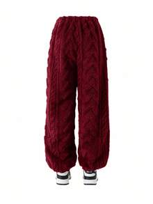 SHEIN Girlism 2pcs/Set Tween Girls Warm Textured Fleece Loose Fit Casual Hoodie And Sweatpants Set, Autumn - Burgundy - View 5