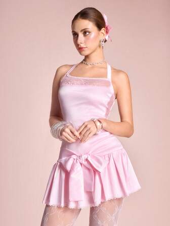 ROMWE Avant Robe mini élégante pour femmes avec patchwork en dentelle de couleur unie et dos noué