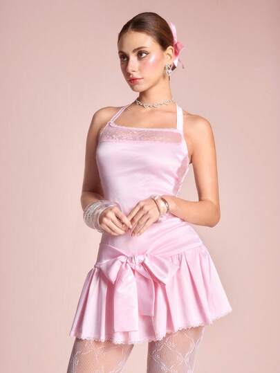 ROMWE Avant Women's Elegant Solid Color Lace Patchwork Tie-Up Backless Mini Dress