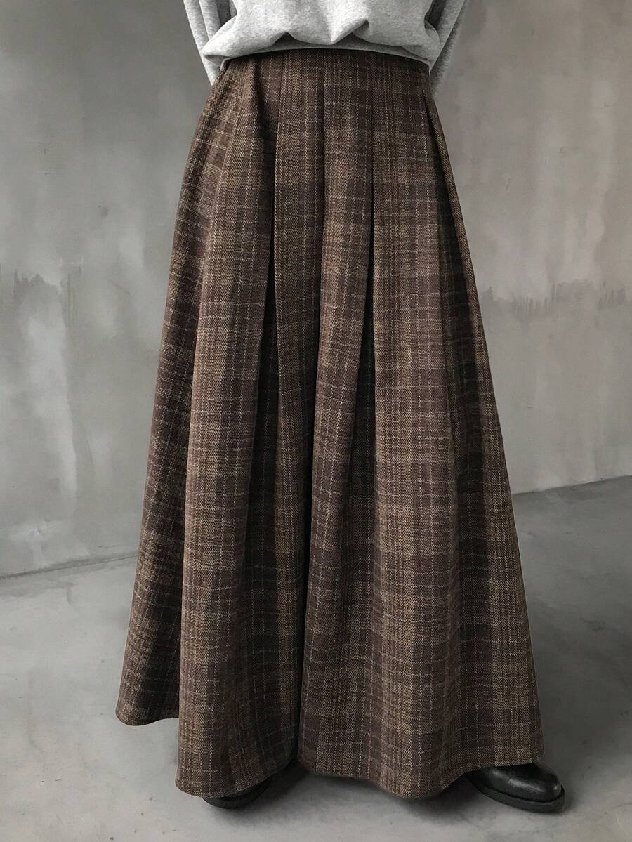 FRIFUL 女士格子百褶喇叭裙，休闲百搭长裙，适合秋冬季穿着 - 棕色 - 查看 1