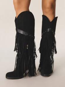Styleloop Women's Geometric Tassel & Rivet Decor Side Zipper Round Toe Chunky Heel Winter Faux Suede Tall Boots, Suitable For Music Festivals, Halloween, Christmas, And Parties - Black - View 3