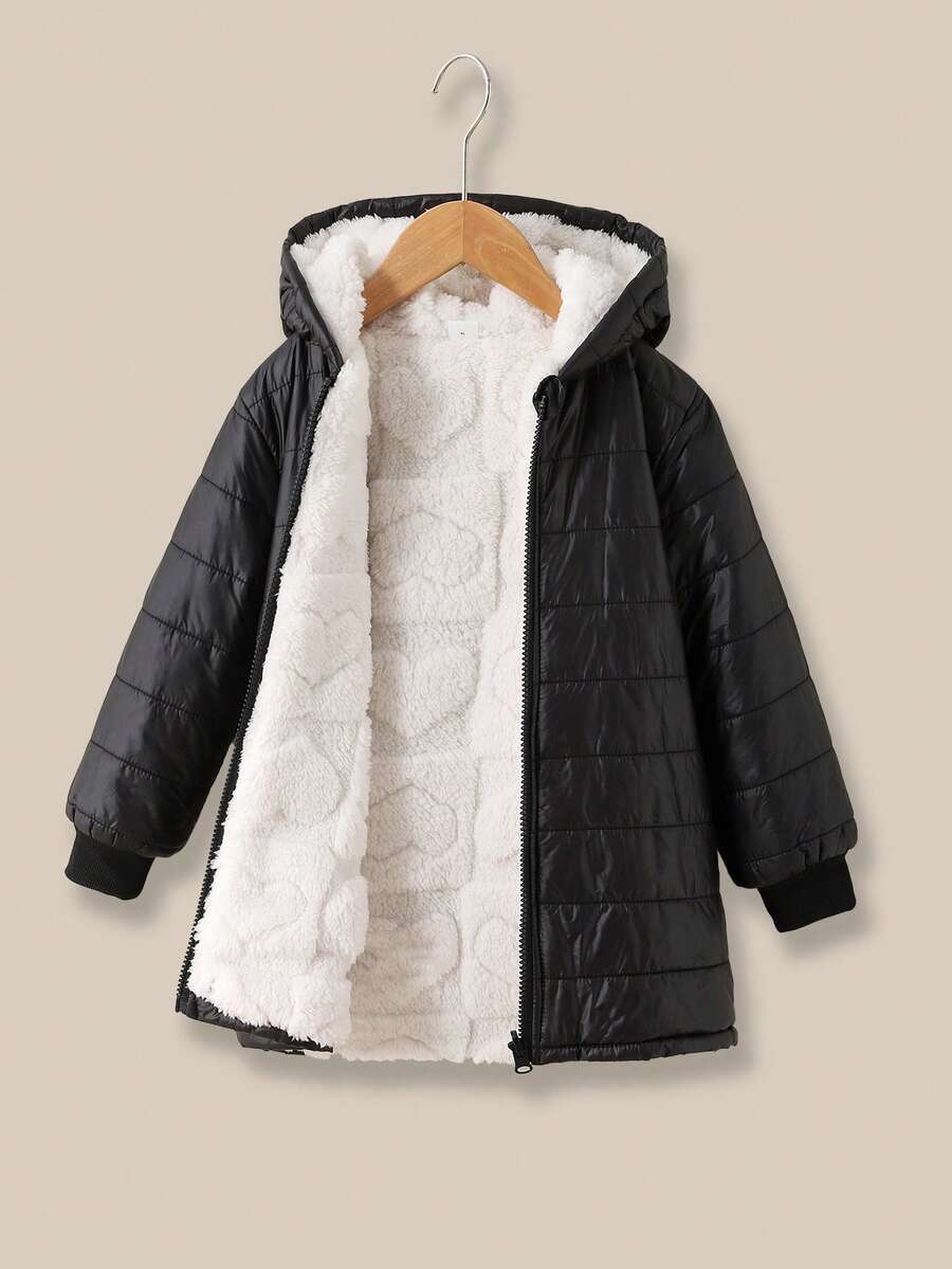SHEIN 女童拉链连帽毛绒内衬羽绒服 女童外套 儿童外套 儿童冬季夹克 儿童黑色外套 - 彩色 - 查看 1