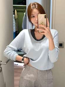 DAZY 1件镂空设计露背显瘦优雅针织毛衣（女款） - 藍色 - 查看 6