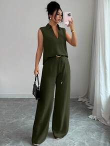 Rafferiza 2 件套女士时尚休闲 V 领无袖上衣和宽松独特腰带装饰直筒裤，春夏 - 軍綠色 - 查看 7