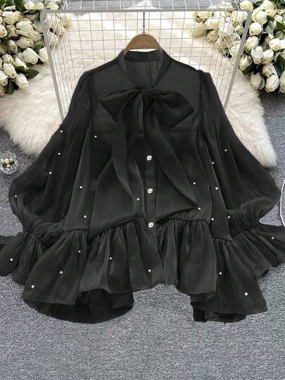 DreamSkyne Plus Size Women's Pearl Beaded Bowknot Flare Sleeve Blouse