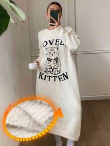 DAZY Loose Fit Cat Graphic Long Sleeve Knit Nightgown, Women Sleepwear Dress For Autumn/Winter, Moo Moo Night Dress Pajamas - White - View 4