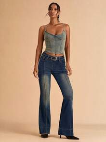 SHEIN BAE Quần Jeans Ống Loe Thường Ngày Có Túi Thiết Kế Hình Tăm Cho Nữ - Rửa tối - Xem 5
