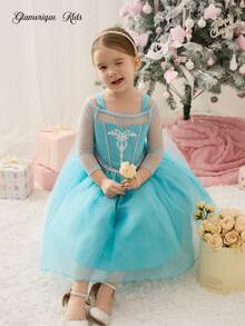 SHEIN Glamorique Kids Mädchen Prinzessin Tüllkleid, blaues Mesh Party Kleid, Geburtstags Party, Hochzeit, Festival Anlass Abendkleid, Partywear, Europäischer & Naher Osten Stil - Blau - Übersicht 7
