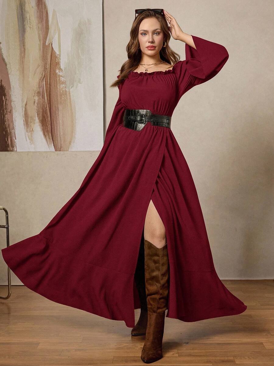 SHEIN LUNE Plus Size Women's Solid Color Ruffle Off Shoulder Long Sleeve Fashion Dress/Christmas - Burgundy - View 1