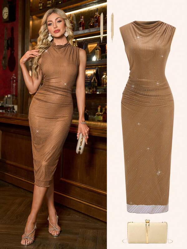 Ellevyn Women's Sleeveless Pleated Printed Mesh Knit Dress, Summer  Brown Dress   Sequin Sparkly Dress   Party Nnew Year Clothes Hristmas Women's Clothing  Autumn Winter Women  Brown Mesh Sequins Elegant Sexy Dress Banquet New Year Dress Elastic Hip Sexy  Women's Autumn And Winter Dresses  Brown Velvet Dress, Long, Fitted Waist, Stretchy   Luxury Evening Dresses For Women Hristmas Women's Clothing  New Women's Autumn/Winter Clothing