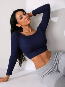 NudeFit Women's Simple High Elasticity Comfortable Off-Shoulder Cropped Camisole - Blue - View 5