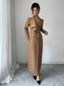 Elenzga Váy blazer cổ chữ V thiết kế bất đối xứng, thắt eo, viền xòe, hở phía trước, màu cà phê, phong cách thanh lịch kiểu Pháp, váy dài tay đa năng có ghim cài kim loại, thích hợp để đi làm - màu nâu - Xem 7