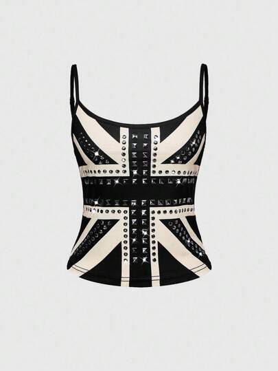 ROMWE Grunge Punk Women's Kpop Y2K Vintage UK Flag Print Rhinestone Rivet Camisole Top