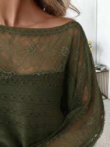 SHEIN Clasi 女士蕾丝边拼布套头衫 - 軍綠色 - 查看 8