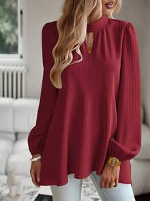 SHEIN Clasi Keyhole Neckline Lantern Sleeve Ruffle Hem Blouse Peplum Top Fall Cloth For Women - Burgundy - View 3