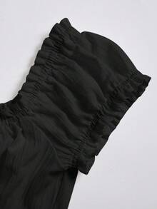 Elamini 女式夏季纯色荷叶边下摆系带腰短袖衬衫 - 黑色 - 查看 7