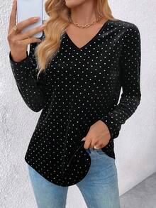 EMERY ROSE T-shirt manches longues slim en velours col V pour femmes, automne - Noir - Voir 5