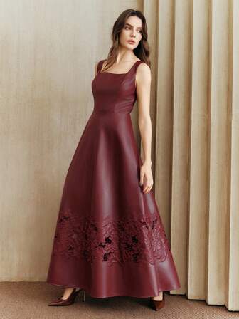 Anewsta Robe élégante et chic de style de rue pour femmes, sans manches, col carré, brodée, bordeaux, angora rouge, évasée. Robe d'hiver pour femmes, jupe en PU