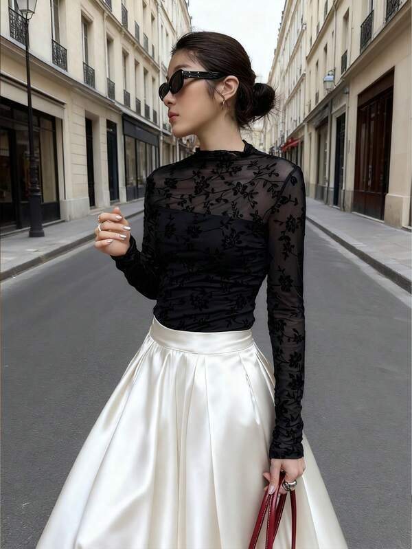 K-Vae Estilo de las cuatro estaciones para mujer, top negro de invierno de estilo Halloween, estilo clásico básico, jacquard de terciopelo, top elegante semitransparente, ropa de Año Nuevo