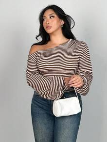 Firerie Tricou cu mânecă lungă cu umeri oblici, mărime plus, mânecă lungă cu textură de ananas, topuri asimetrice de toamnă pentru femei