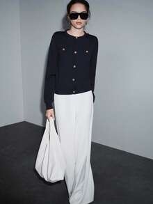 SHEIN Luminelle Áo len cardigan dệt kim trang trí khóa kim loại thời trang mới cho nữ - Màu xanh hải quân - Xem 6