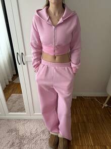 CovetEZ Women's Spring Fashionable Pink Zip Front Hooded Sweatshirt And Pants Two Pieces Set - Pink - View 4